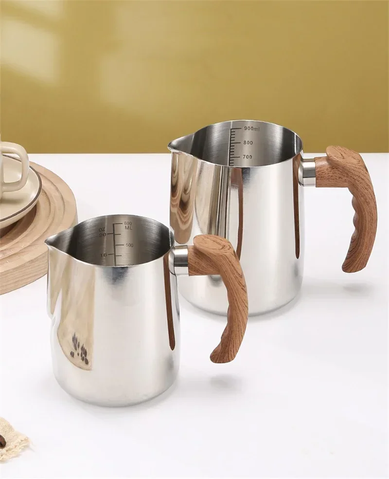 Description Picture 4 of item600/900ML Coffee Milk Frothing Pitcher Jug with Scale 304 Stainless Steel Latte Steam Coffee Pot Wooden Handle Latte Coffee Cup