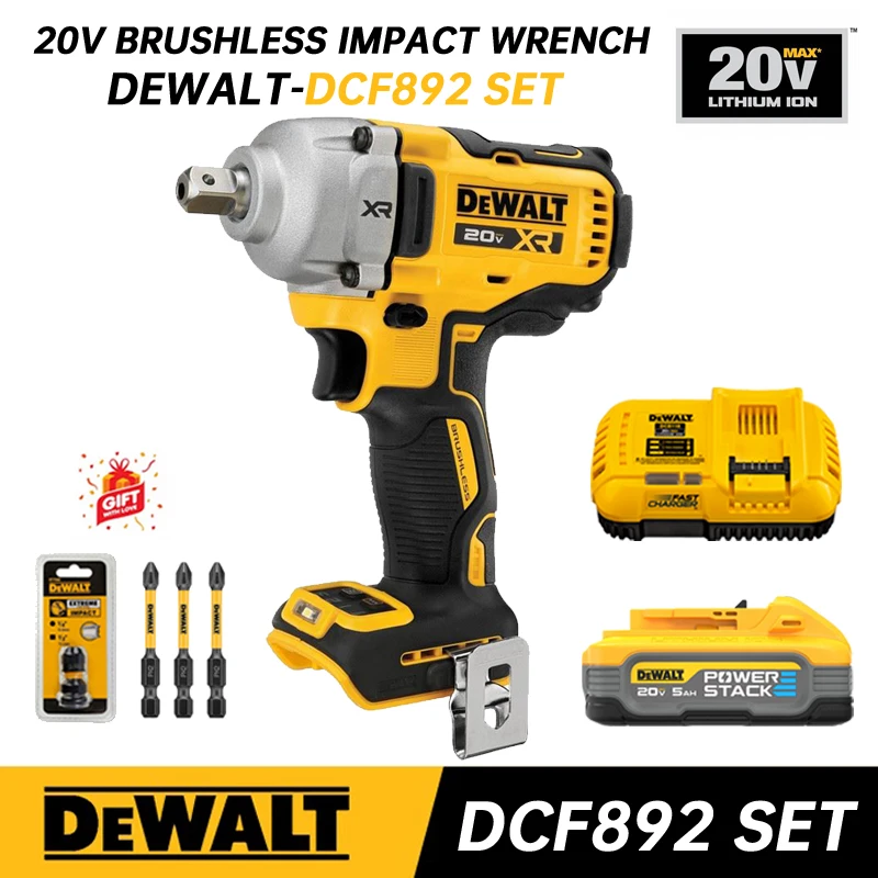 DEWALT Cordless Mid-Range Impact Wrench Kits 20V Brushless Rechargeable Electric Wrench High Torque 812NM DCF892 Power Tool 2 13mm 3 8 24unf clamping range driver tool accessories keyless adapter impact hex shank drill chuck