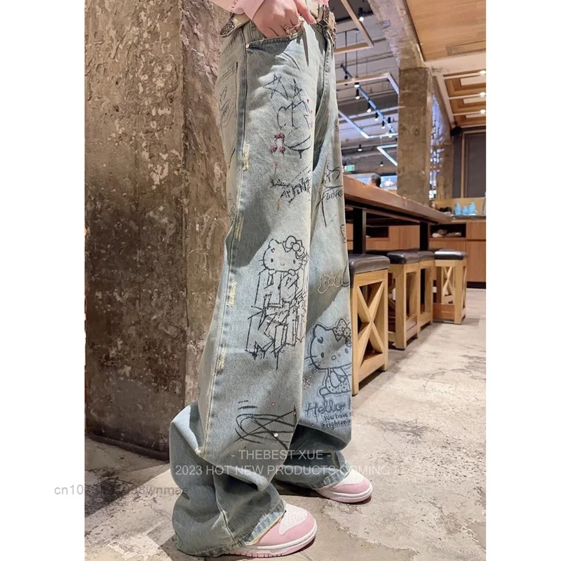女性のダイヤモンドプリントのストレートチューブデニムパンツ,ワイド 