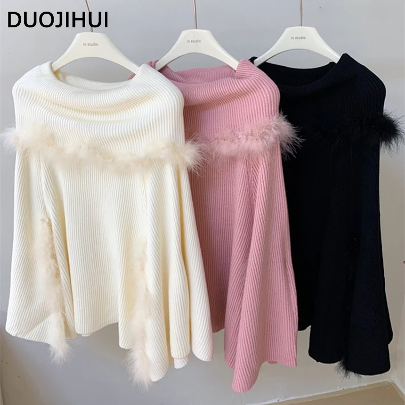 DUOJIHUI New Sweet Chic Sweater Pullovers Women Ponchos Basic Striped Long Sleeve Loose Pure Color Fashion Casual Female Ponchos