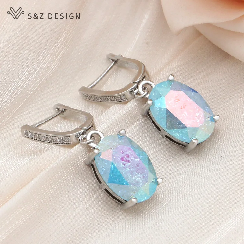 S&Z DESIGN New Fashion Ice Crack Egg Shape Oval Crystal Dangle Earrings For Women 585 Rose Gold Color Cubic Zirconia Jewelry