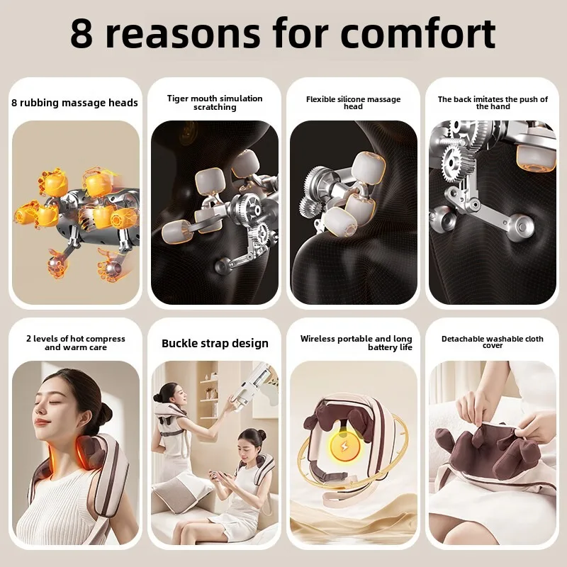 8 Heads Wireless Neck Back Massager Shoulder Kneading Massage Trapezius Shawl Cervical Relaxing Wearable Removab