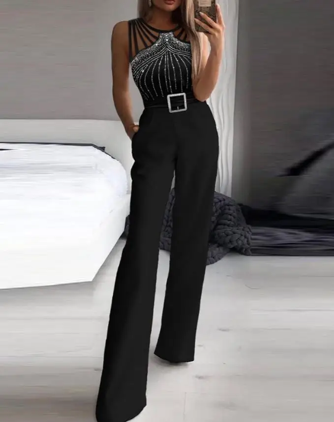 Elegant Party Jumpsuit for Women 2022 Summer Fashion Multi Strap Sleeveless Rhinestone Bootcut Round Neck Jumpsuit Office Ladies