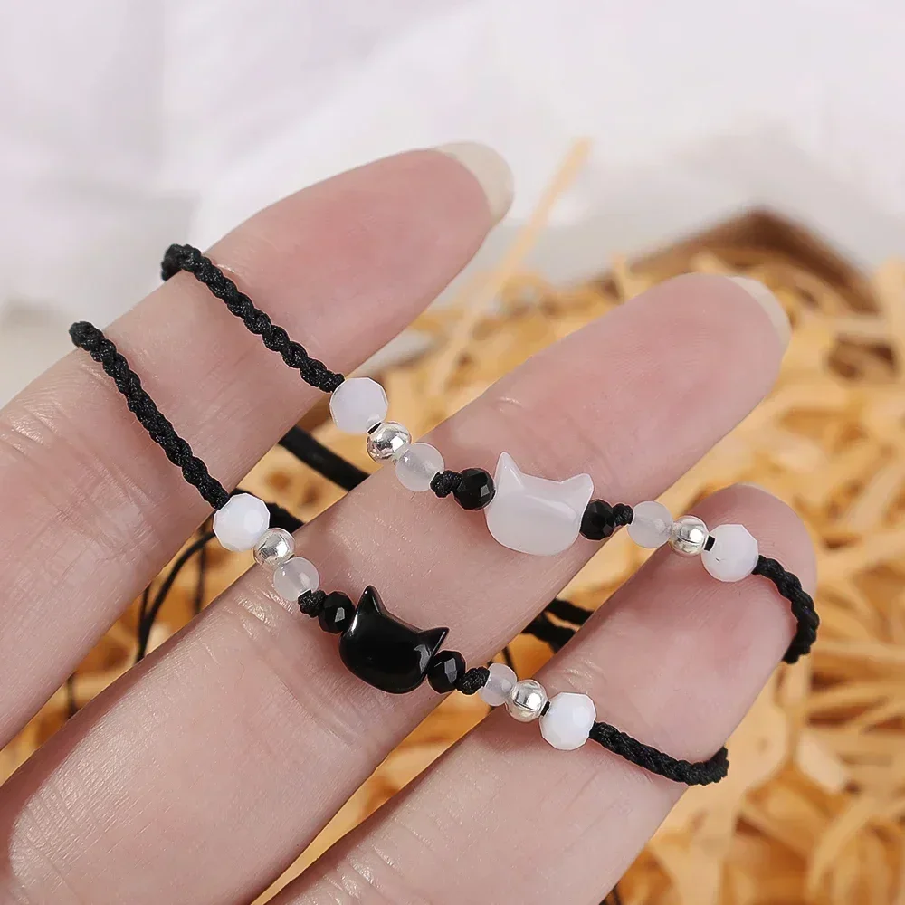 Couples Minimalist Bracelets - 2pcs Natural Moonstone Obsidian  Cat Jewelry Gifts