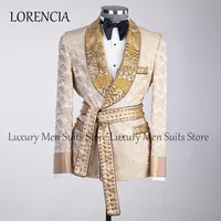 Customized Ornament Tuxedo Men Suits Groom Metallic Embroidered Wedding Dresswear Belt 2 Pieces Sets Male Prom Blazers Outfit 1