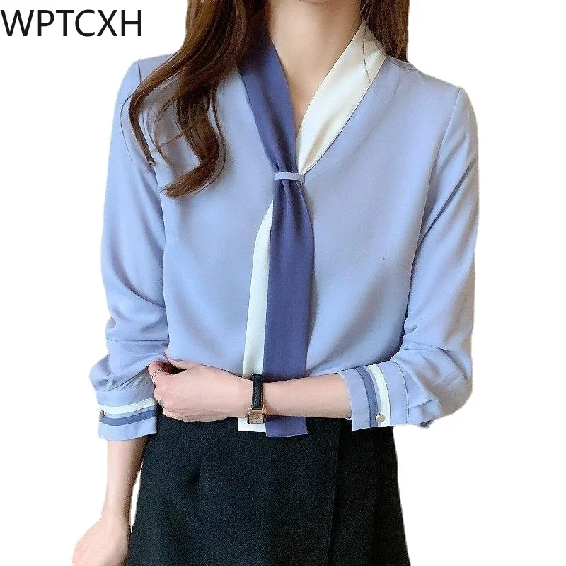 

Long Sleeve Shirt Office Ladies Work Fashion Casual Tops Spring Autumn Notched Lacing Blouse Elegant Loose Women Business Shirts