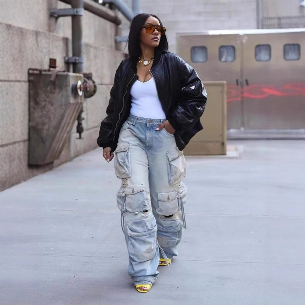 2026 European American New Fashion Women's Light Blue Simple Basic Casual Loose Multi Pockets Hole Patched Denim Trousers Female