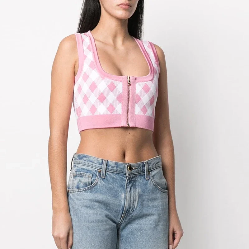 high-quality-newest-fashion-runway-designer-2023-women's-zip-plaid-knitted-crop-tank-tops