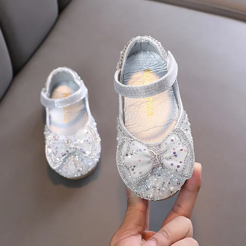 

New Kids Leather Shoe Spring Autumn Fashion Children Princess Shoes Shallow Sequins Bowknot Girls' Flat Shoes Non-slip Versatile