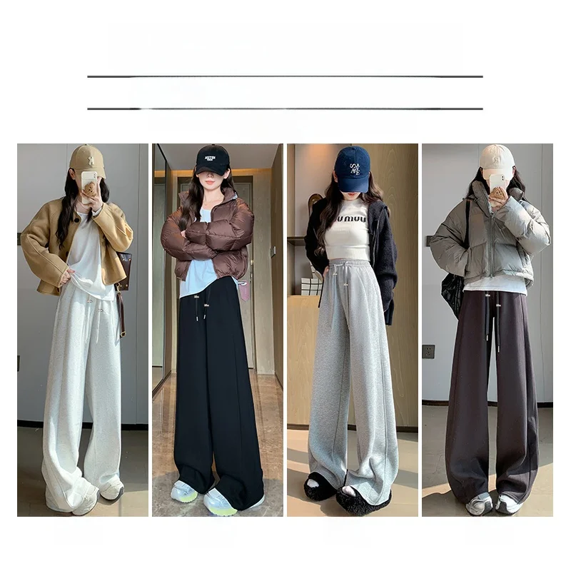 임산부 스포츠 바지 화이트 그레이 플리스 루즈핏 스트레이트 네로우 와이드 레그 스웨트팬츠 겨울용 롱 코튼 트라우저