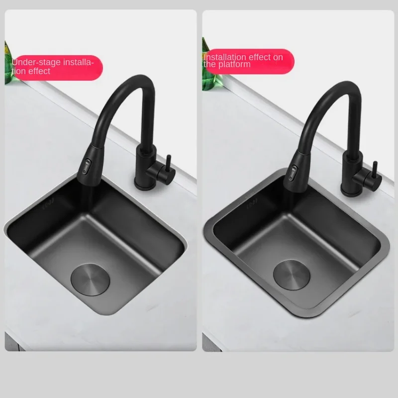Black Nano Kitchen Sink 304 Stainless Steel Wash Basin Single Bowl Small Sink with Faucet and Drain Accessories for Home