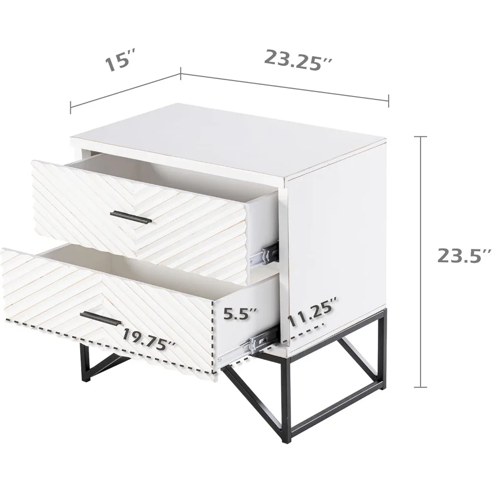 Bedside Table.Set of 2Modern 2-Drawer Nightstand, Contemporary Line Accent End Side Table with Black Metal Base,Distressed White 3