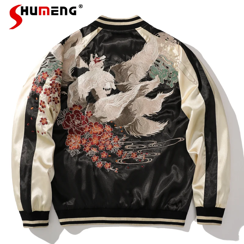 Japanese Style Male Dragon Embroidered Bomber Jackets Spring and Autumn Personality Popular Satin Baseball Uniform Coat for Men image