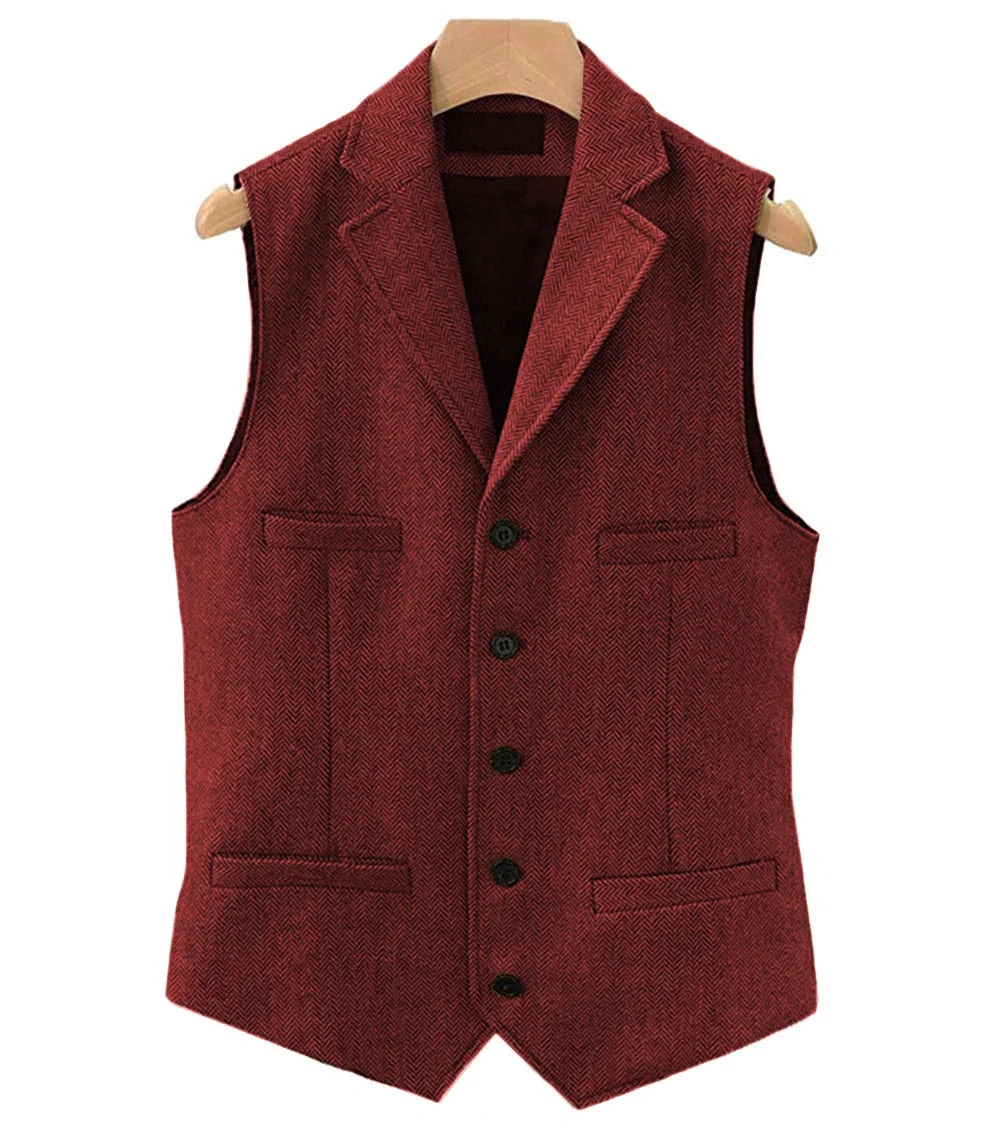 Description Picture 6 of item2024 Mens Vest Classic Brown Suit Wool Tweed Notch Lapel Waistcoat Herringbone Groomsmen Winter Coat For Wedding