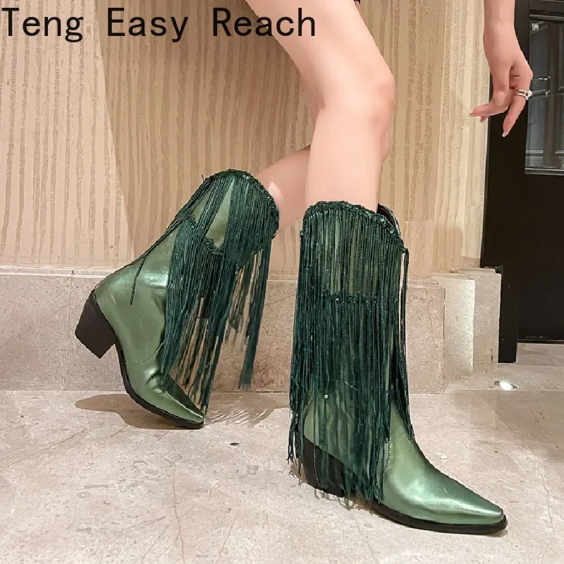 2024 Women's Silver Tassel Western Boots Fashion Spring and Autumn Pointed Thick Heels Western Boots Gold Green Pink Black