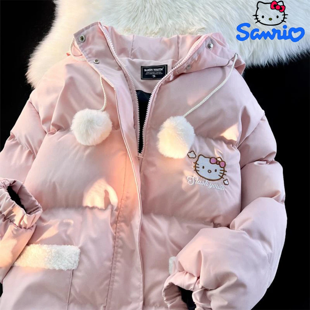 

Sanrio Hello Kitty Stuff Cotton Clothes Winter Anime Women's Thickened Warm Loose Cotton Jacket Girly Casual Zip Hooded Jacket