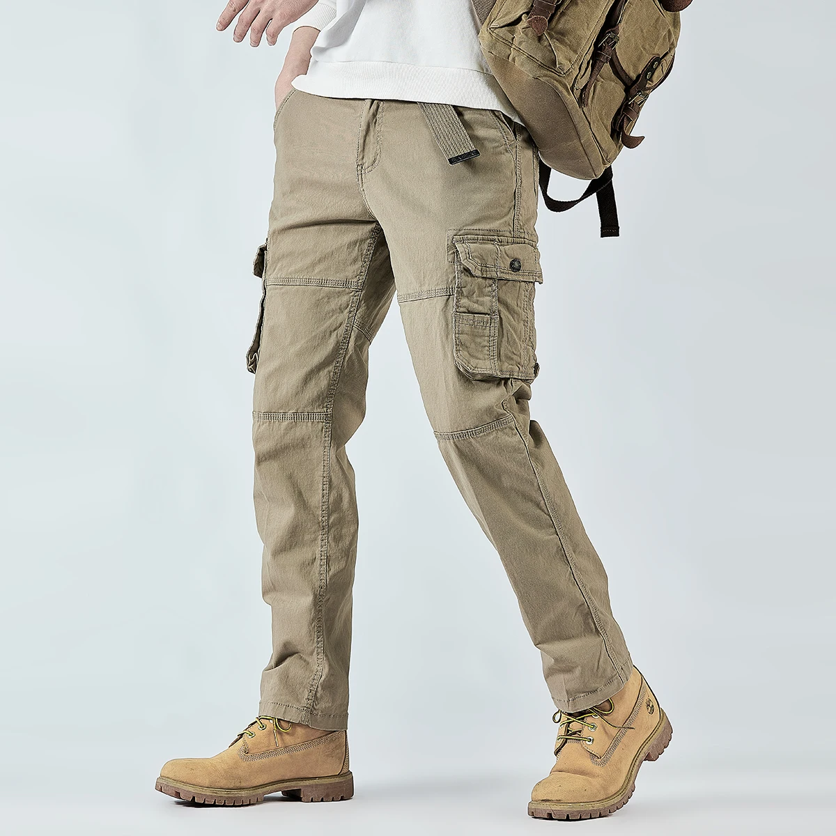 Four Seasons Men's Cargo Pants Khaki Solid Work Trousers Casual Tactical Pants Male Outwear Straight Wear-resisting Trousers