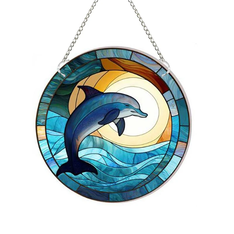 

Витражное акриловое украшение для окна в виде дельфина, украшение на тему океана, подвесное украшение с цепочкой, для внутреннего и наружного декора, (11,8 дюйма)