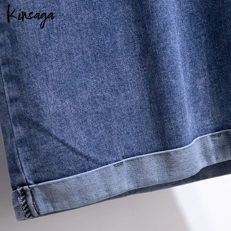 Plus Size Elastic Waist Wide Leg Capris Jean Women 7xl Street Slouchy Revers Folds Knee Length fifth Demin Simple Cuffed Pants