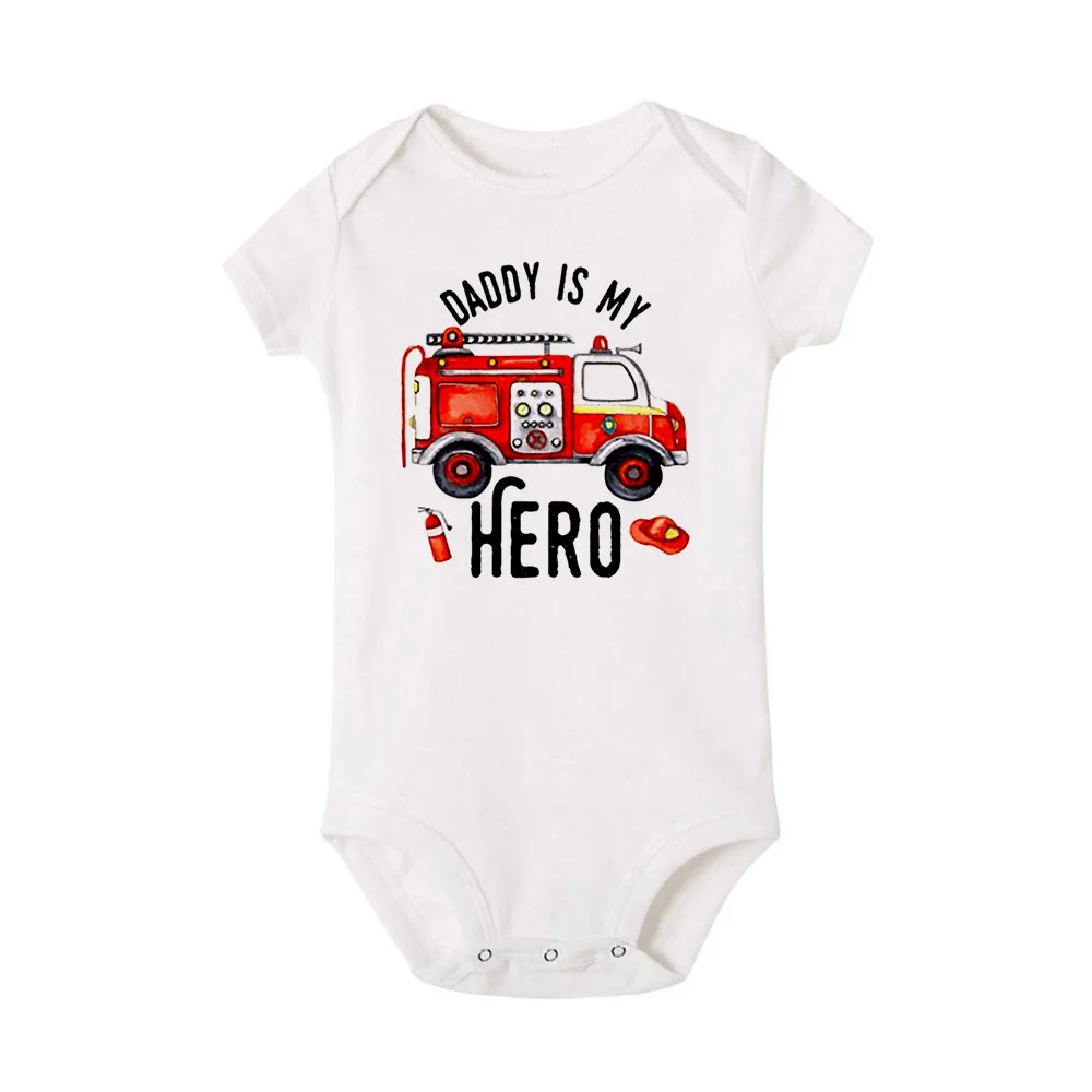 Daddy Is My Hero Baby Bodysuit Cartoon Fire Truck Print Toddler