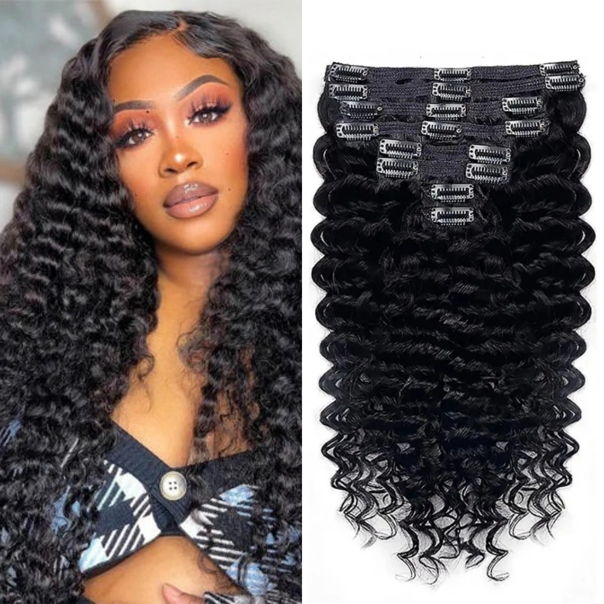 Hair Extensions Deep Wave Seamless Clips In Human Hair Extensions Brazilian Curly Hair Clip In Extension Full Head 120g/Set Remy For Women