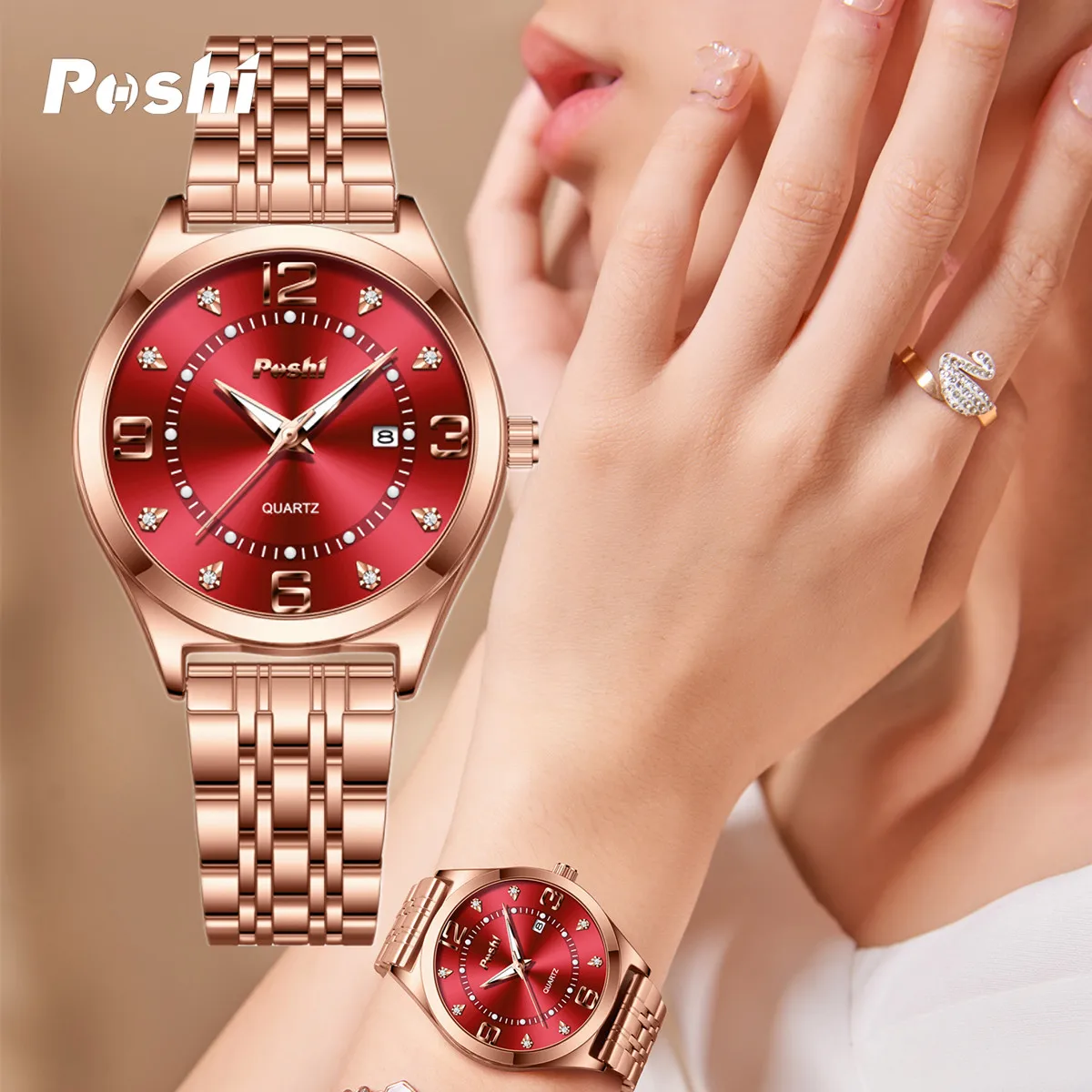 POSHI Women Watches Fashion Stainless Stain Steel Ladies Watch Waterproof Rose Gold Quartz Wristwatch Romatic Girlfriend Gift 2