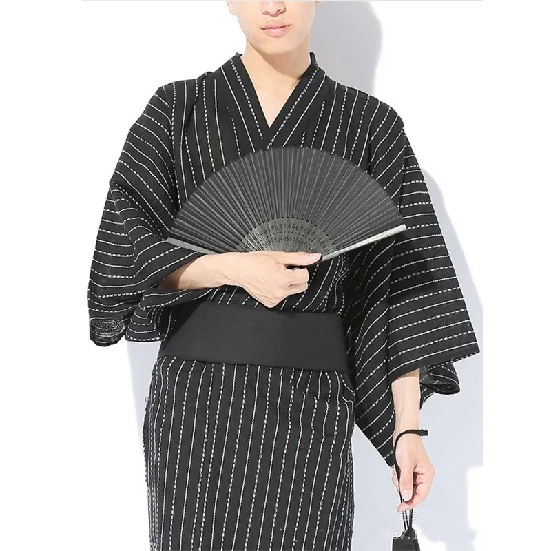 Japanese Traditional Samurai Kimono For Men Yukata Bathing Robe Hekoobi Loose Style Sauna Wear Homewear Belt Long Gown Cotton Japanese Kimono