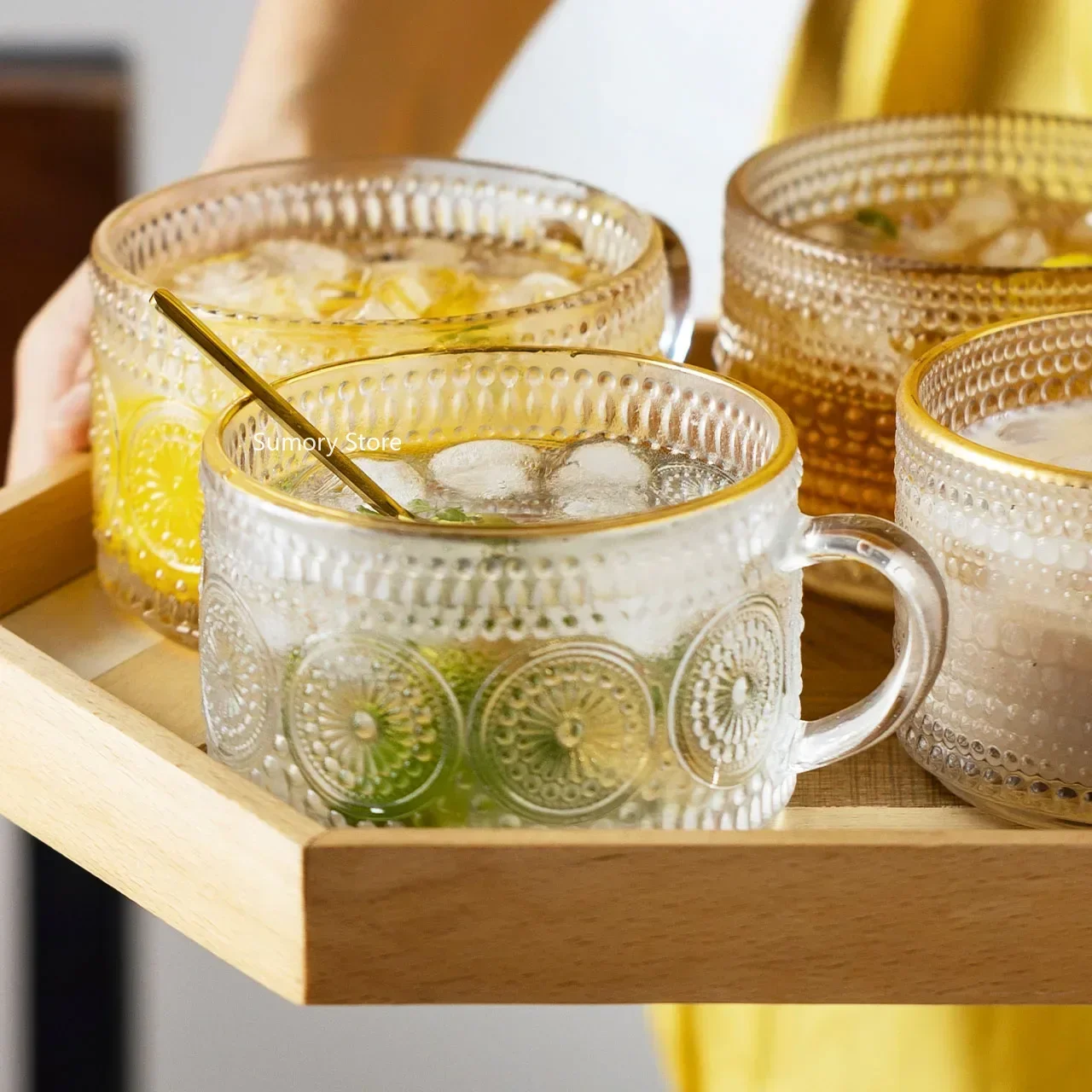 Drinking Glass Nordic Style Retro Embossed Glass Cups Sunflower Transparent Coffee Cup Pearl Milk Tea Cold Drink Juice Mug Gold Line