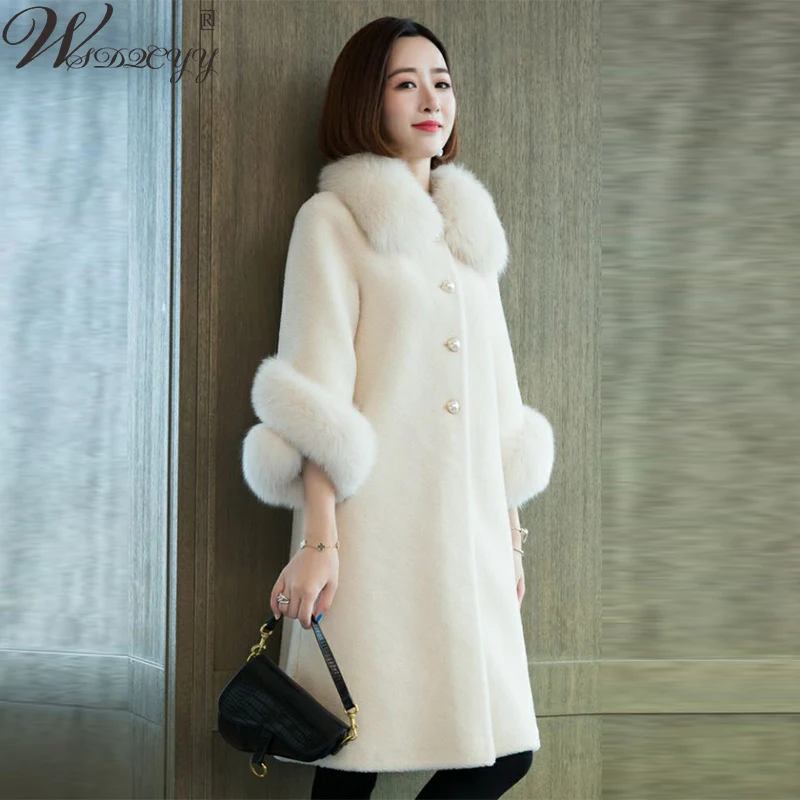 Korean Imaitation Mink Long Coat Women Casual Faux Fox Fur Collar Sheep Fleece Winter Jacket Plus Size Windproof Loose Overcoat 2021 winter high quality sheep shear slim coat women m long loose rose print wool fur mink collar double faced fur overcoat