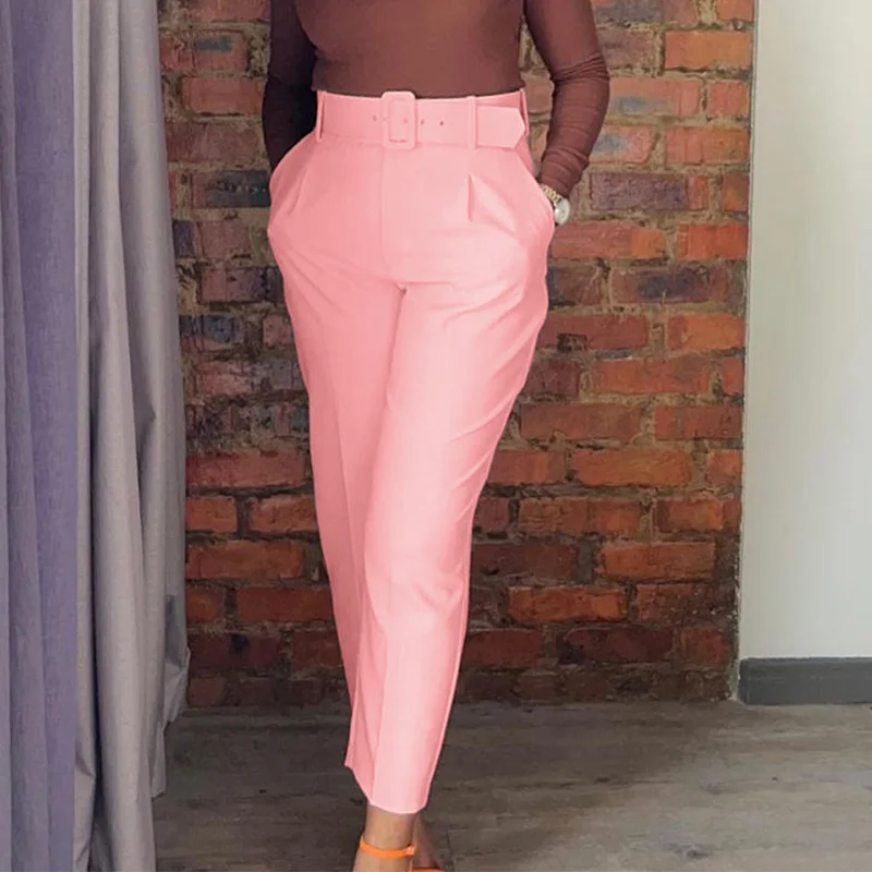 Office Lady Solid Color Sashes Pencil Trousers Plus Size Clothes Spring Autumn Fashion Pockets High Waist Casual Lady Suit Pants