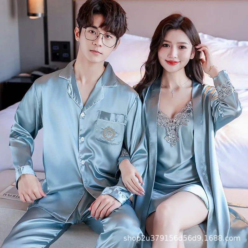 Cotton Pajama Set Spring Autumn Couples Pajamas Set Cute Rayon Women Robe Sets Men Satin Sleepwear Pyjamas Suit Home Clothing Sleep