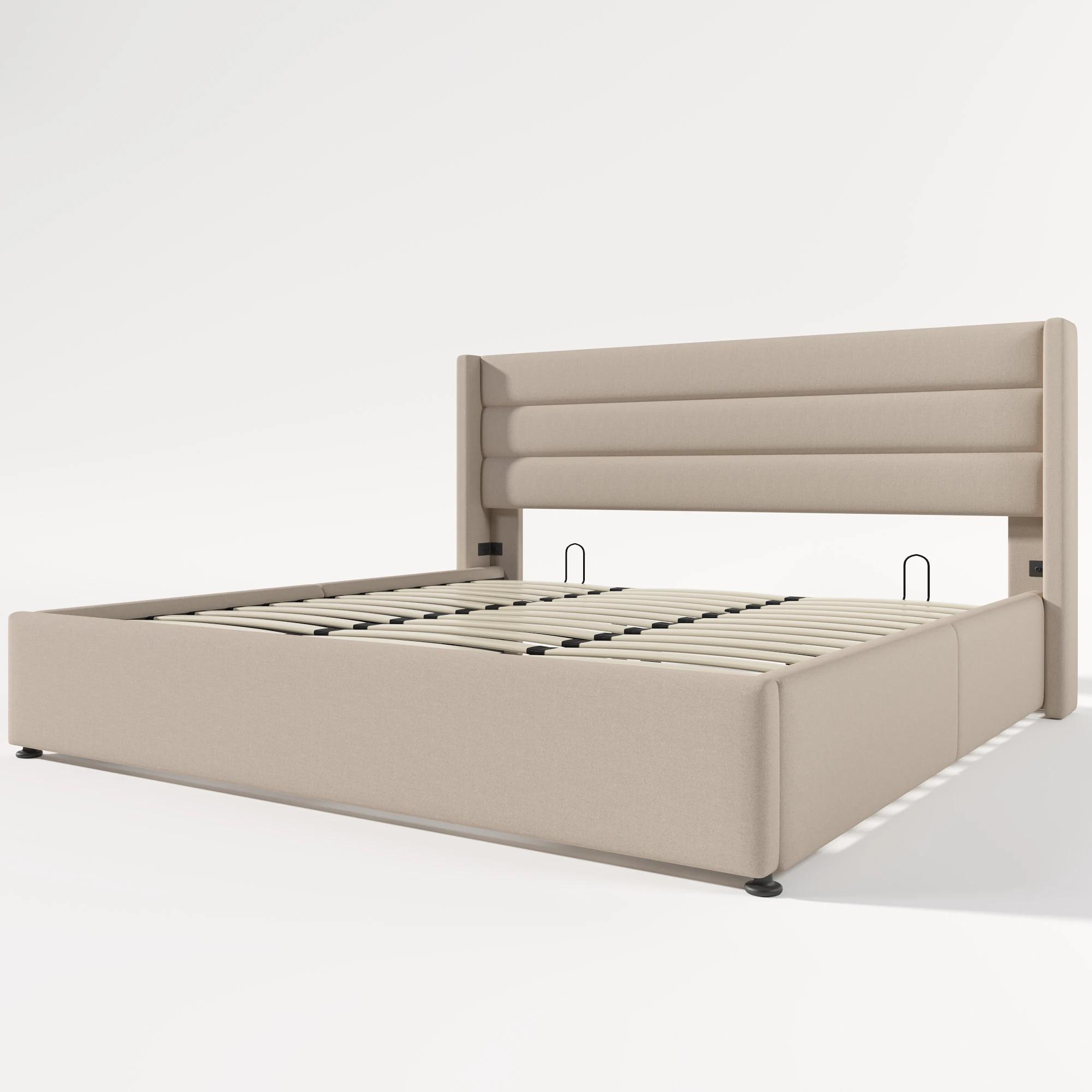 Stauraumbett 180x200cm, gepolstertes hydraulisches Doppelbett mit Holzlattenrost, beige Leinen. – Detail 10