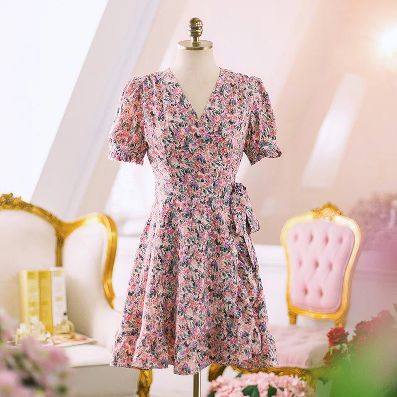 

Koran Style Women Ladies Spring Autumn Falbala Floral Flower Petal V Neck Long Sleeve Lace Short Dress Formal Jennie Plus Size