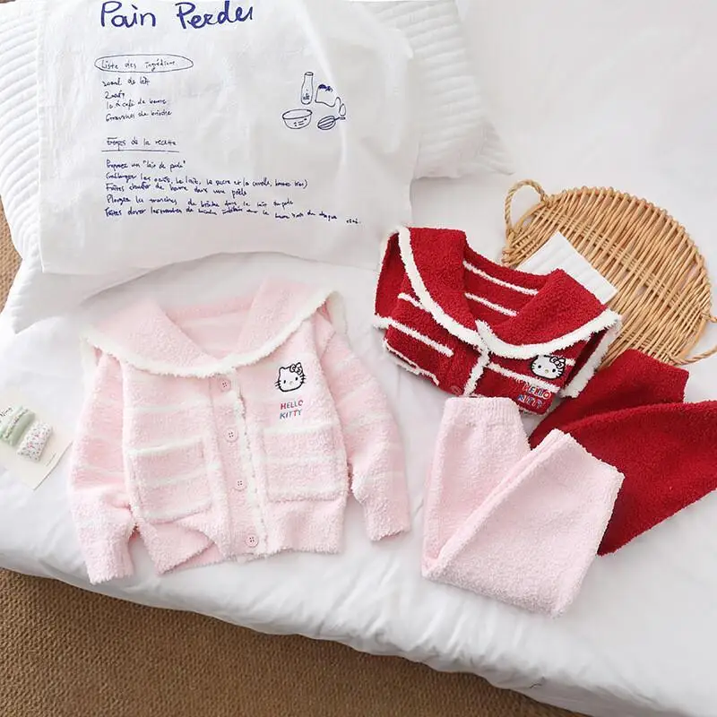 여아용 반벨벳 잠옷 가을/겨울 2025 신상 여아용 스트라이프 가디건 투피스 세트 두꺼운 아동용 홈웨어 용