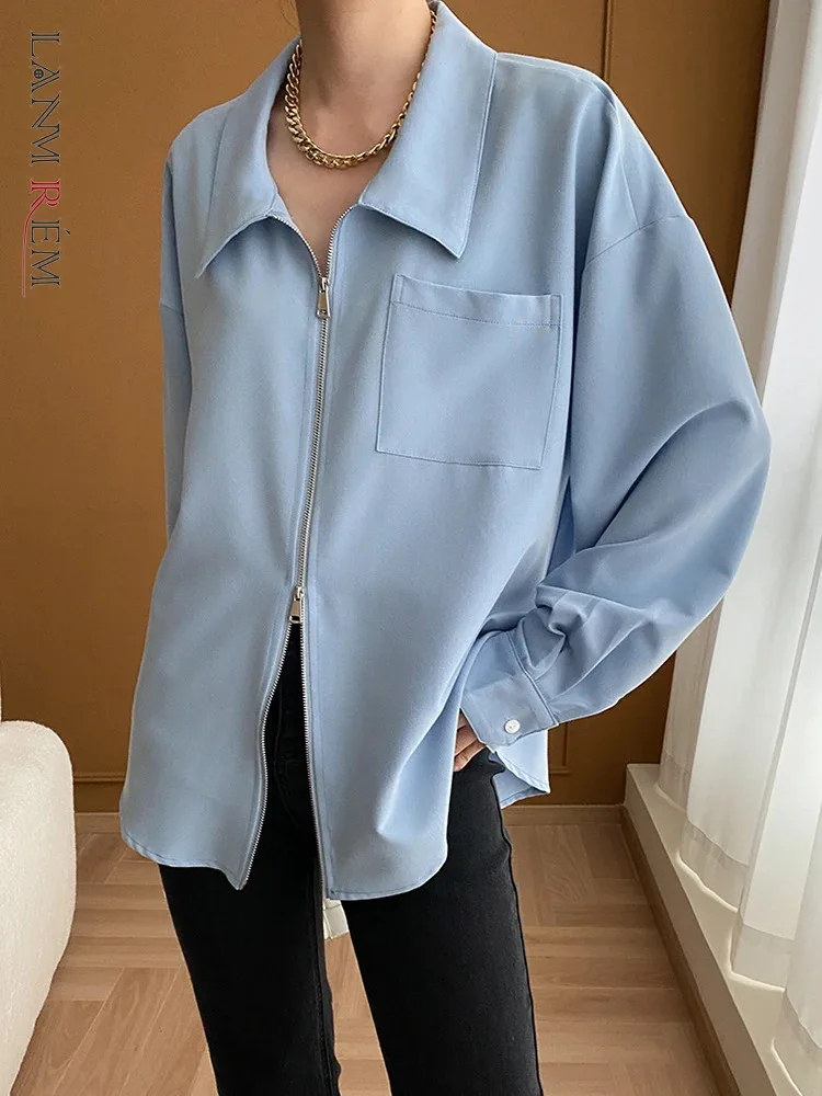 

[LANMREM] Designer Double Zipper Shirts For Women Solid Lapel Long Sleeve Chiffon Blouses Fashion 2024 Spring New 26D8592