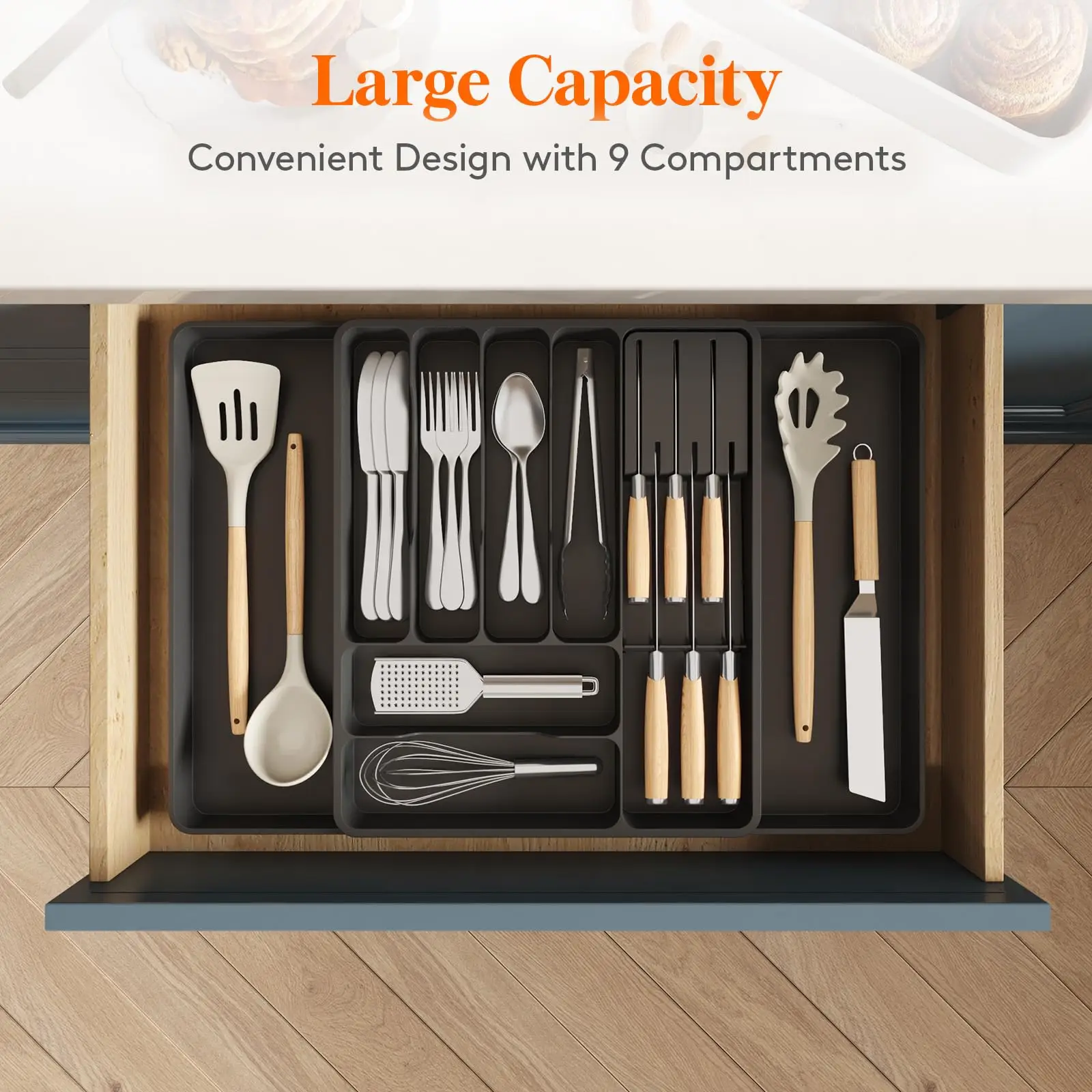 Silverware Drawer Organizer Expandable Utensil Tray with Removable Knife Block Utensil Storage Trays for Knives and Forks 2