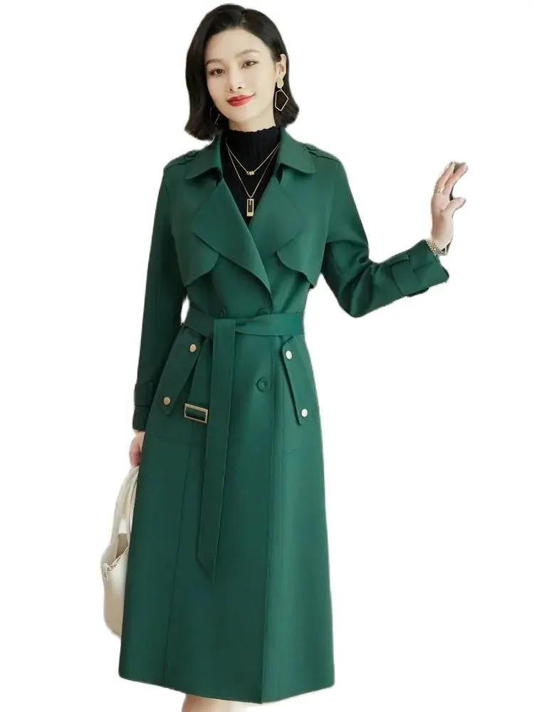 

Women's Windbreaker Jacket 2023 Autumn Winter Red Double Breasted Lace Up Commuter Style Professional Female Casual Trench Coat