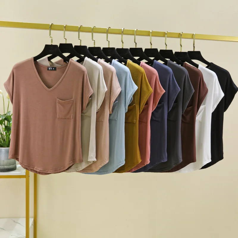 2024 new women's summer one-piece pajamas Modal short-sleeved top with thin solid color loose large V-neck household clothes