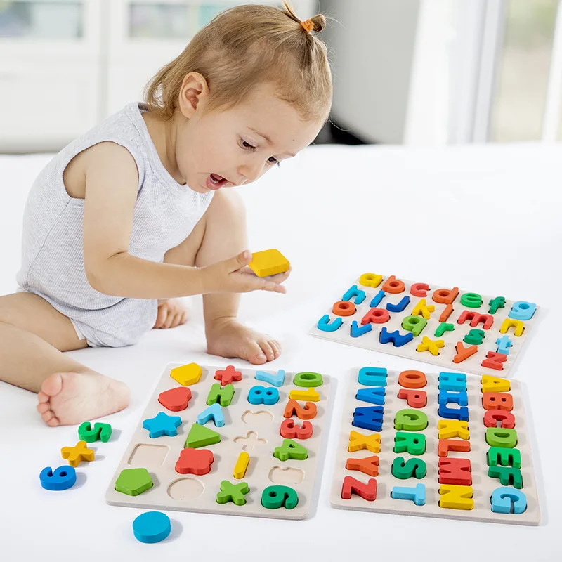 

Montessori letter shape cognitive matching toy 1-2-3 year old baby early education digital panel children's wooden puzzle