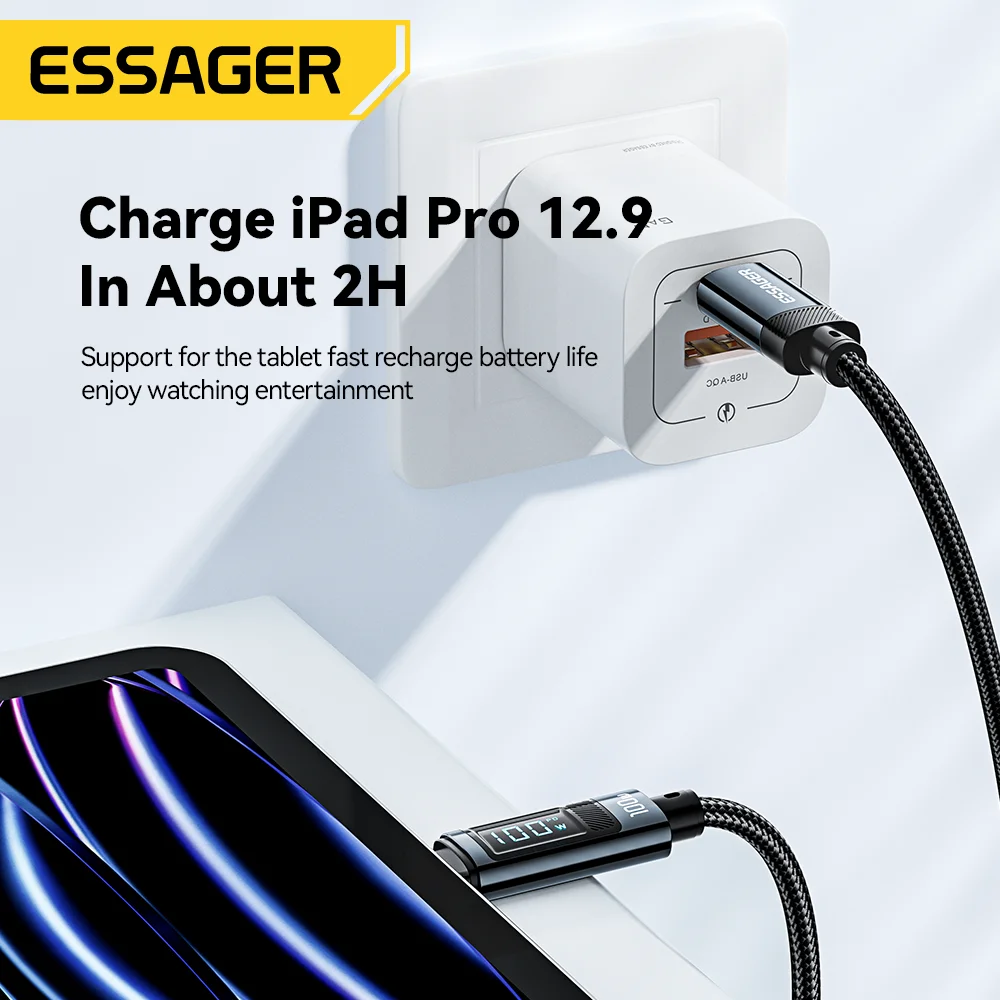 Essager 100W USB Type C Cable 90 ° LED Digital Display Cable 5A PD Fast Charging For iPhone 16 15 Huawei Xiaomi Samsung MacBook