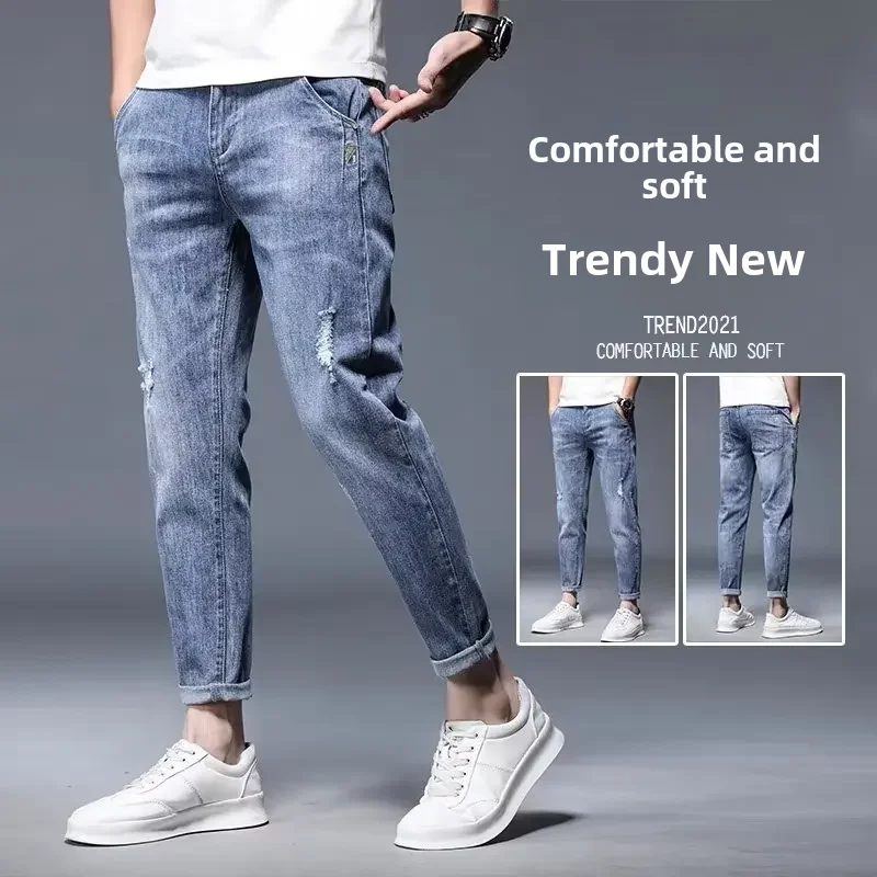 New Spring Autumn Men's Jeans Loose-fit Straight-leg Ripped Denim Pants Casual Versatile Quarter-length Trousers