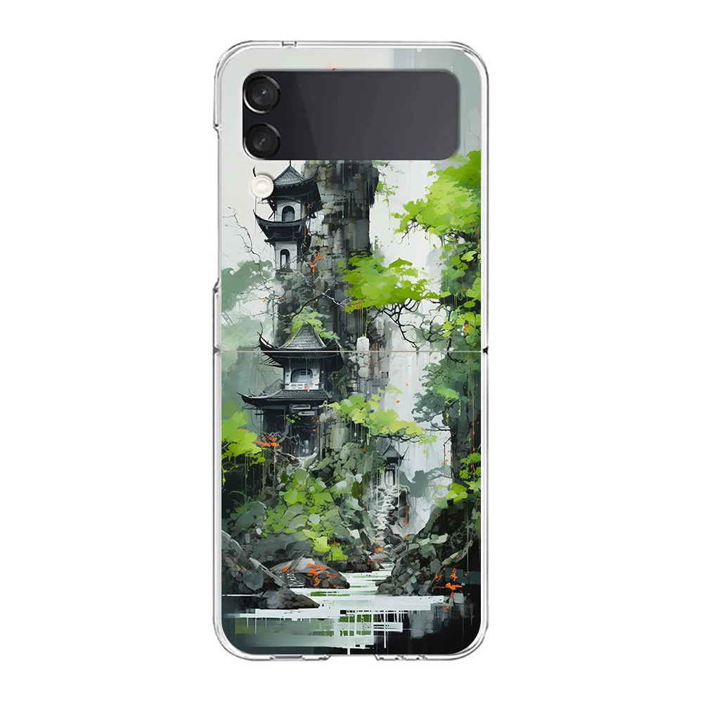 Hard Folding Clear Phone Case with Ink and Wash Landscape Design