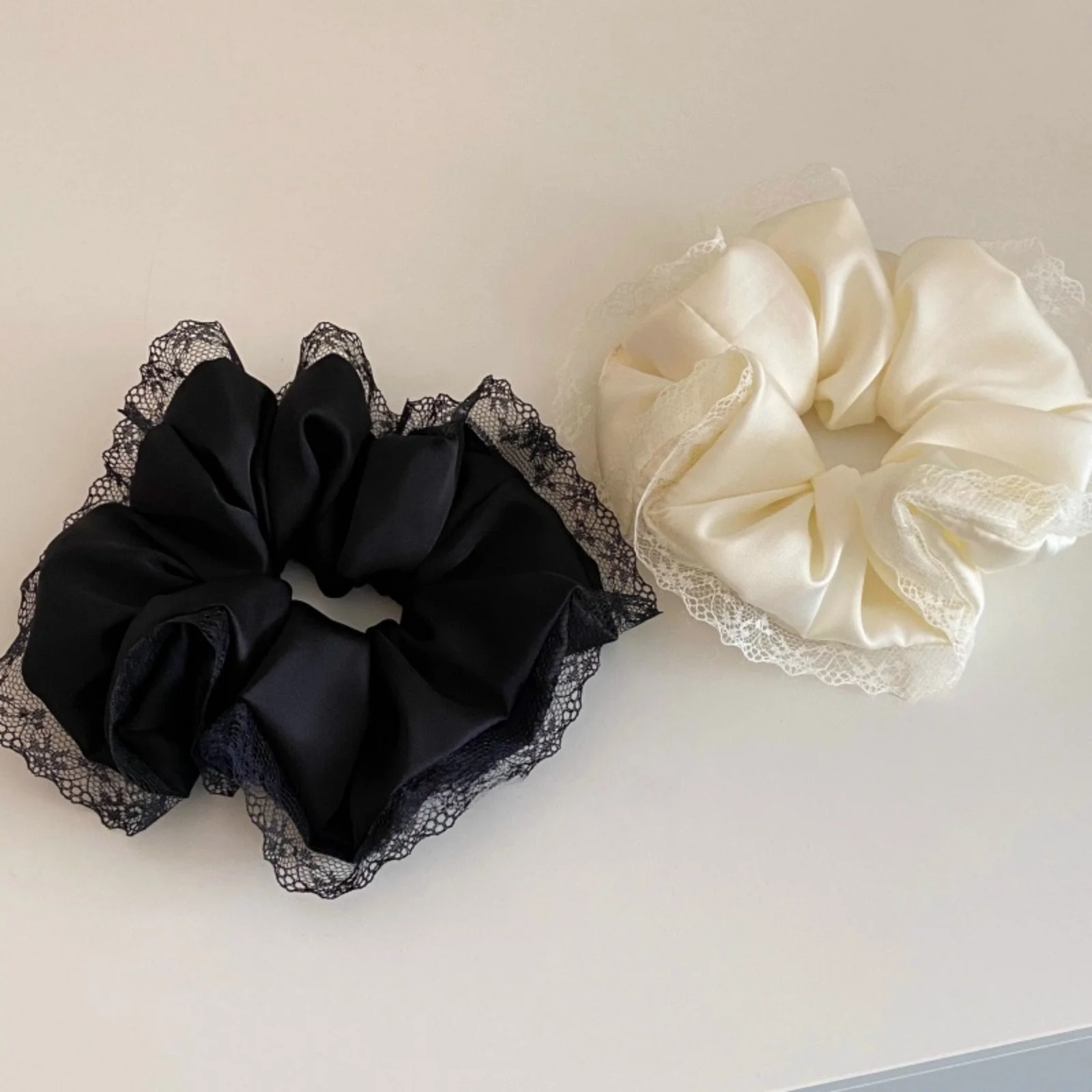 1PC Black and White Satin Hair Ties, Lace - Trimmed Scrunchies, Elegant Hair Accessories for Women's Daily Styling