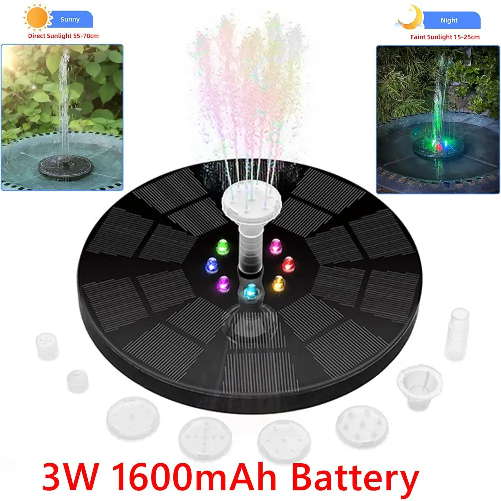 Solar Floating Fountain Water Pump with color LED Lights for Bird Bath 3W 1600mAh Battery for Garden/Pond/ Pool/Fish Tank Decor