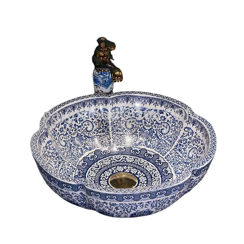 

China Blue and White Ceramic Counter Top Wash Basin Cloakroom Hand Painted Vessel Sink Bathroom Sink Bowl Wash Basin