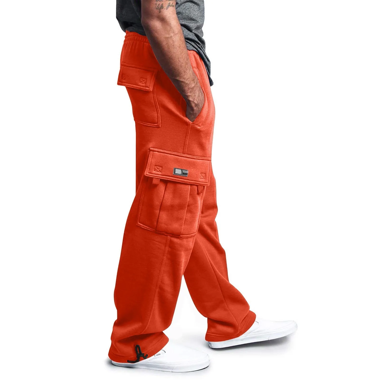 Men Pants Autumn Winter Fleece Sweatpant Casual Multi-pocket Loose Straight-leg Overalls Solid Color Thick