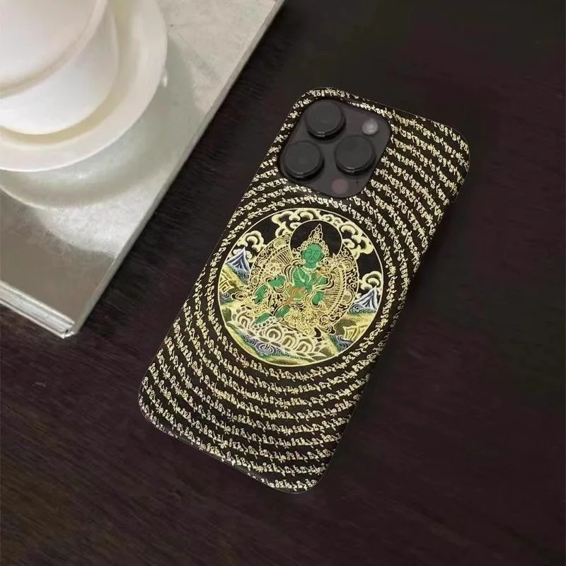 Tibetan Buddhist Cultural Green Tara Pattern Black Background Phone Case for iPhone 16 15 14 11 12 13 Pro Max Plus Back Cover 5