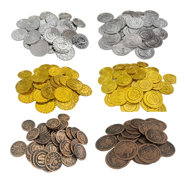 100pcs Pirates Gold Coins Plastic Gold Coins Props Game Accessary Funny Playing Toys For Kids Children Golden Silver Bronze Coin 1