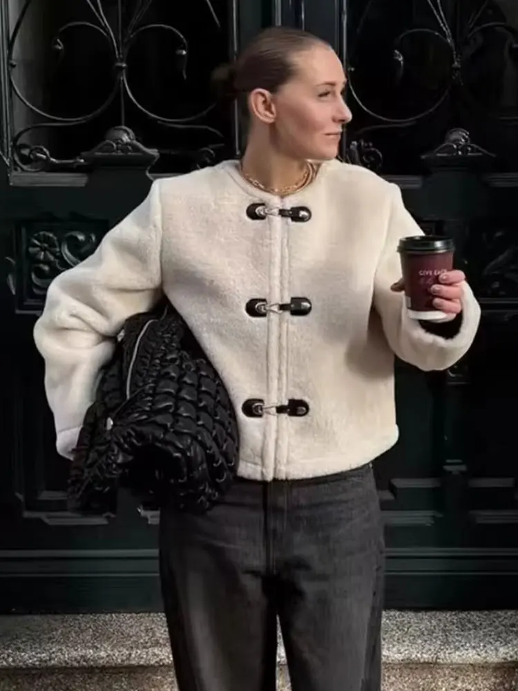 HH Women Elegant Solid Faux Lamb Wool Short Coat O Neck Long Sleeve Jacket Autumn Winter Fashion High Street Lady Outerwear