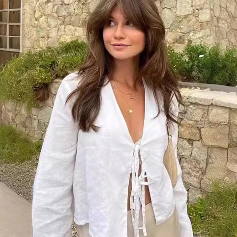 2024 Camisa De Manga Larga Mujer Primavera Verano Estampado A Cuadros Lino Moda Blusa Cuello En V Camiseta Tops Fiesta Suelto T-Shirt Casual Oficina Original Elegante Tee Cómodo Basic